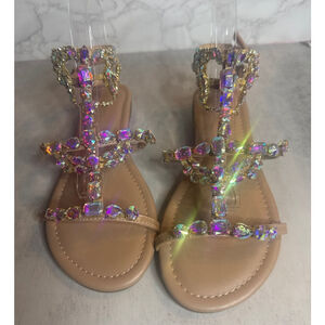 Women's Thalia Sodi Beige Iridescent Embellished Flat Sandals Size 6